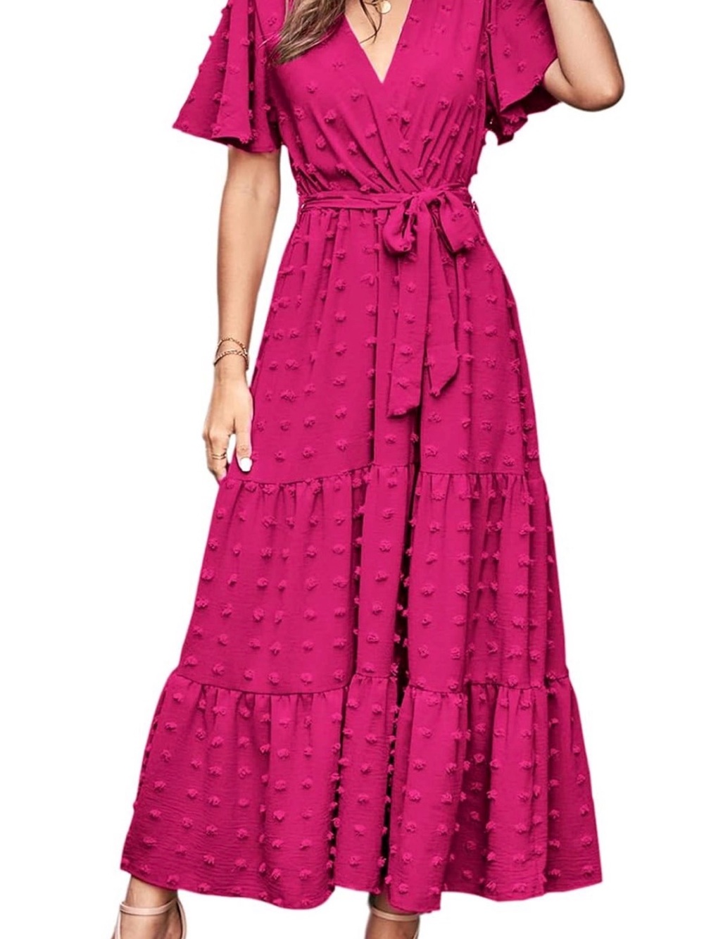 Women's Pink Fuchsia Wrap Midi Dress with Tie Waist